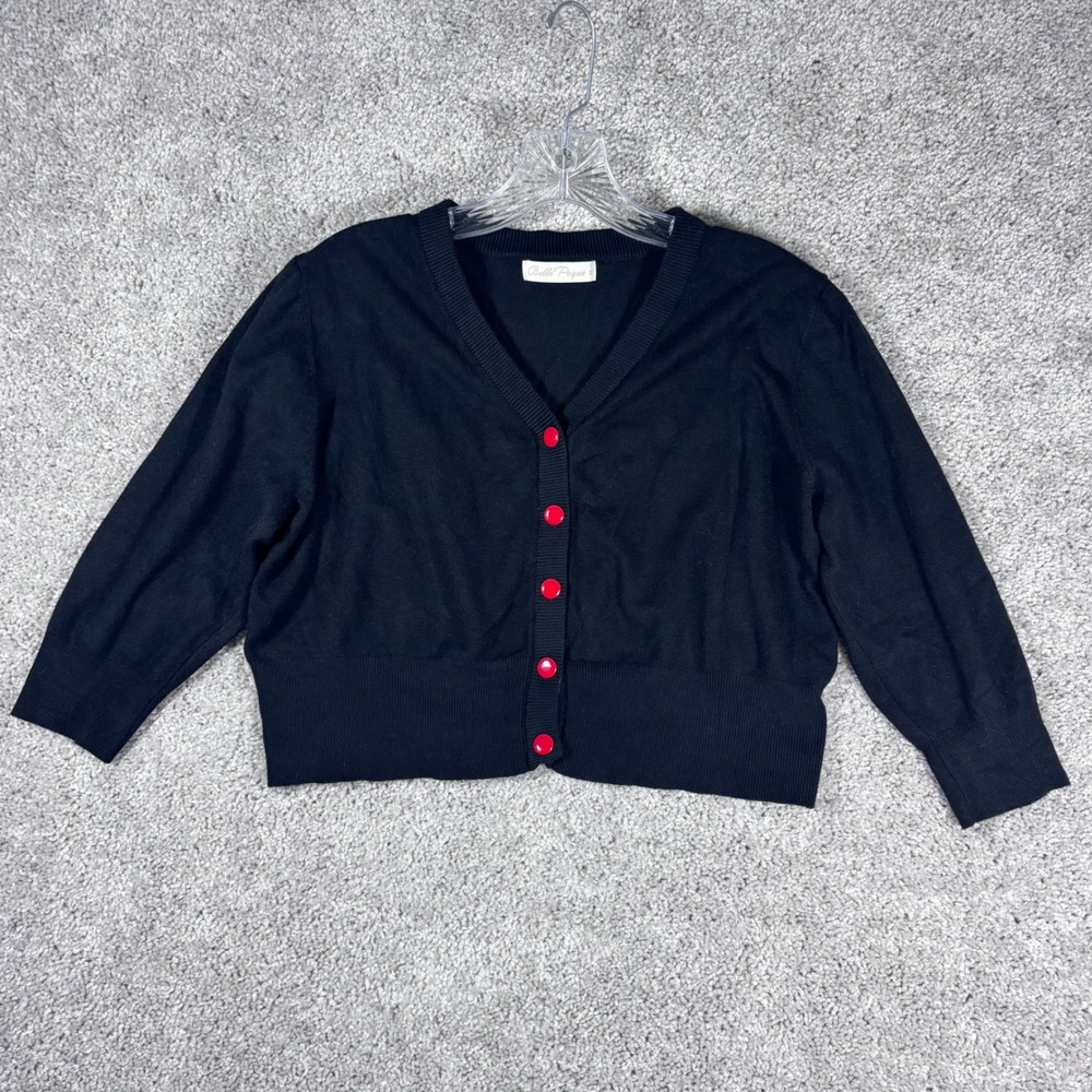 Belle Pogue Black Cardigan Sweater Red Button Accent‎ Knit Top Womens 1X